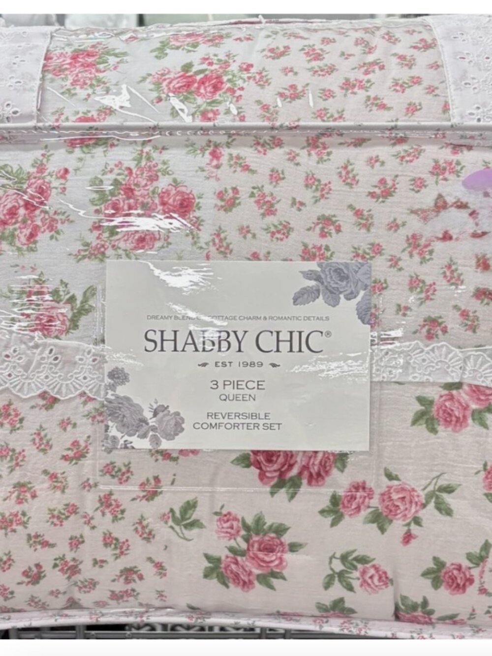 Shabby Chic Floral Pink White Eyelet Lace Cotton Gauze Queen Comforter 3PC Set